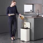 Caixote do Lixo de Cozinha 20 L em Aço Galvanizado com Tampa de Fecho Suave Pedal Balde Interior Amovível e Acabamento Anti - impressões Digitais Creme