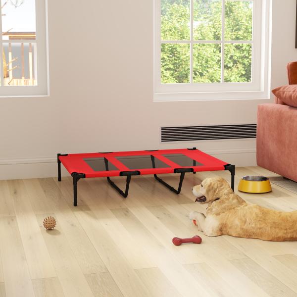 Cama para Animais de Estimação Cama Elevada para Cães Gatos com Tecido Transpirável para Dormir Relaxar Exterior Jardim Terraço 122x92x23cm Vermelho