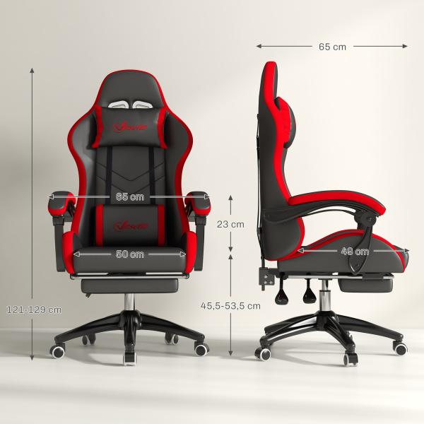 Cadeira Gaming Ergonómica Reclinável 135° de Couro PU com Suporte Lombar Altura Ajustável 65x65x129 cm Preto e Vermelho