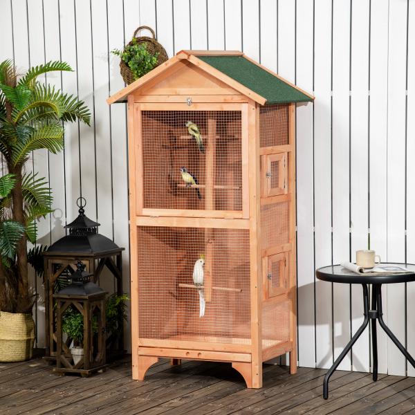 Gaiola para Pássaros de Madeira com 3 Portas 4 Poleiros Bandeja Amovível e Teto Asfáltico 80,5x57x153 cm Natural
