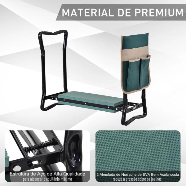 Banco de Jardim Dobrável com Bolsa para Ferramentas Almofada de Proteção para Joelhos Assento de Jardim com Joelheira Altura Ajustável 58x28x49cm Verde e Preto