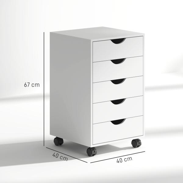 Bloco de Gavetas com 5 Gavetas e Rodas para Escritório 40x40x67 cm Branco