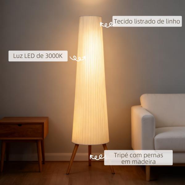 Candeeiro de Pé com Tripé Brilho Ajustável 3 Níveis Interruptor de Pé Pernas de Madeira e Ecrã de Tecido 46x46x153 cm Branco