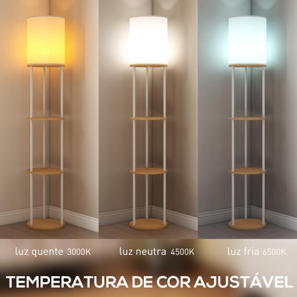 Candeeiro de Pé com Prateleiras 3 Temperaturas de Cor Controlo Remoto e Casquilho E27 Ø29x158 cm Madeira