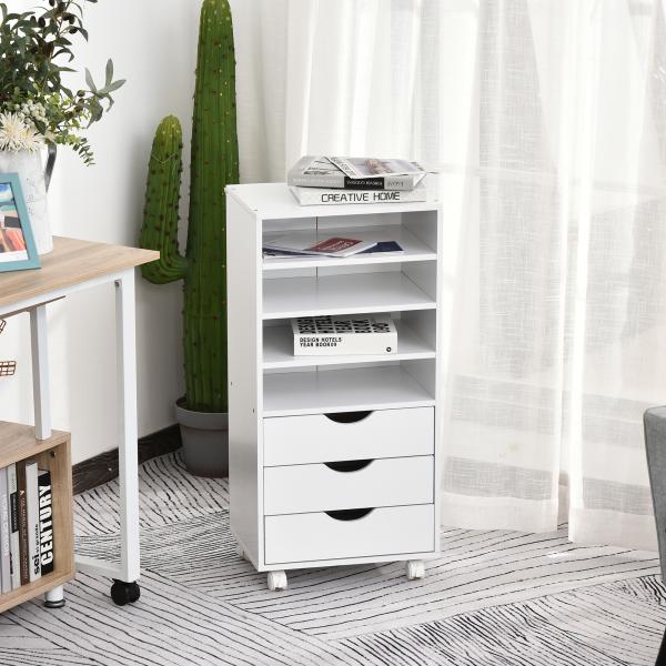 Móveis de escritório com 3 gavetas 4 prateleiras abertas 4 rodas 40x30x83 cm Branco