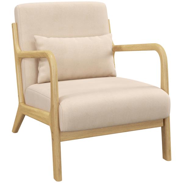 Poltrona Sala de Estar Nórdica Acolchoada com Apoio para os Braços e Estrutura de Madeira de Borracha 61x78x76 cm Bege