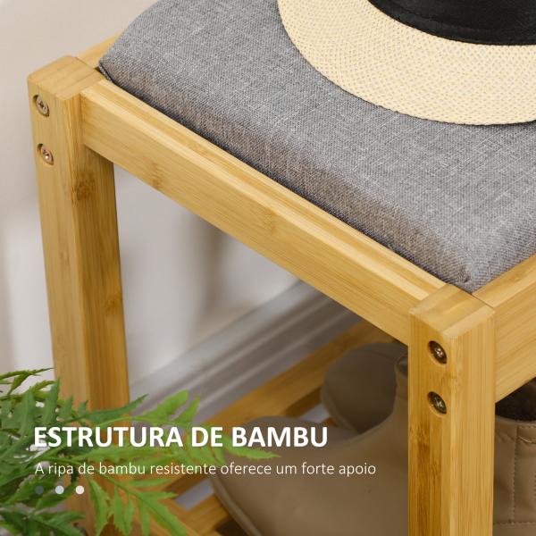Banco Sapateira de Bambu com Assento Estofado para 3 Pares de Sapatos e Prateleira de 90x30x46 cm Madeira