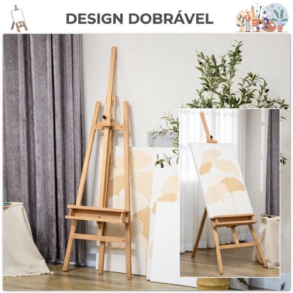 Cavalete de Pintura Dobrável em Madeira, 235 cm, Altura e Ângulo Ajustáveis, Prateleira Inferior, Natural