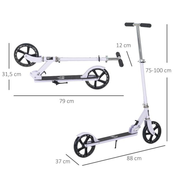 Trotinete Dobrável para Crianças de 7 a 14 Anos Trotinete Infantil com Guiador Ajustável em 4 Níveis e Travão 88x37x75 - 100cm Branco