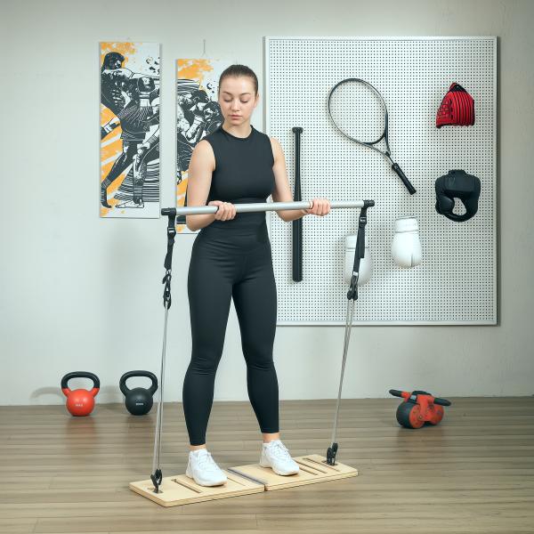 Barra de Pilates com 6 Faixas Elásticas Tábua Inclinada Ajustável para Treino de Corpo Inteiro em Casa 90x33x3 cm Cinza