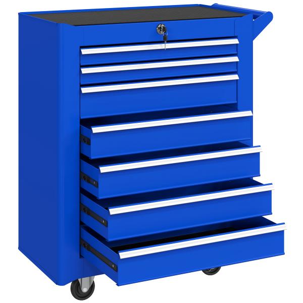 Carrinho de Ferramentas com 7 Gavetas Carrinho de Oficina com Fechadura Pega 2 Rodas com Travão 69x33x75 cm Azul