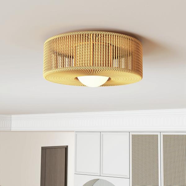 Candeeiro de Teto com Lâmpada LED G9 20W 3000 K Candeeiro de Teto Boémio com Ecrã de Corda de Linho Ø30x16 cm Castanho Claro