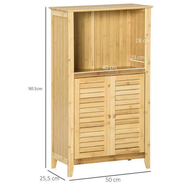 Armário Auxiliar Casa de Banho de Bambu com 2 Portas Compartimento Aberto e Prateleira Ajustável 50x25,5x92 cm Madeira