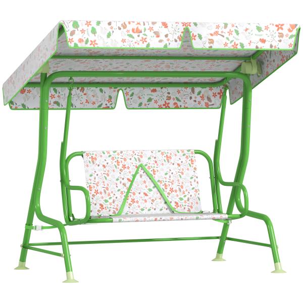 Baloiço de Jardim para Crianças com 2 Lugares Toldo Ajustável Cinto de Segurança e Desenho de Borboletas 112x75x120 cm Verde
