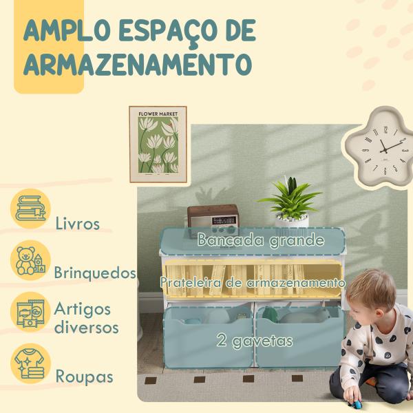 Organizador de Brinquedos Móvel de Arrumação Infantil com 2 Gavetas e Compartimento 80x30x45 cm Branco