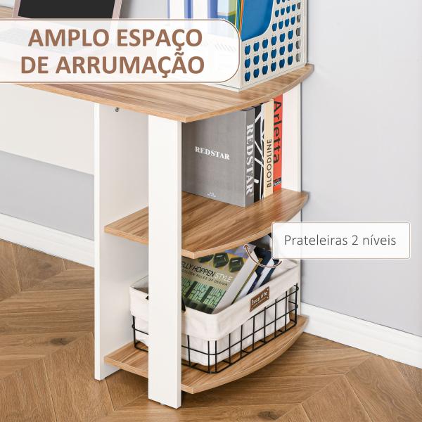 Secretária de Canto 136x130x72 cm com Prateleiras Mesa de Computador em Forma de L para Escritório Casa Branco e Madeira