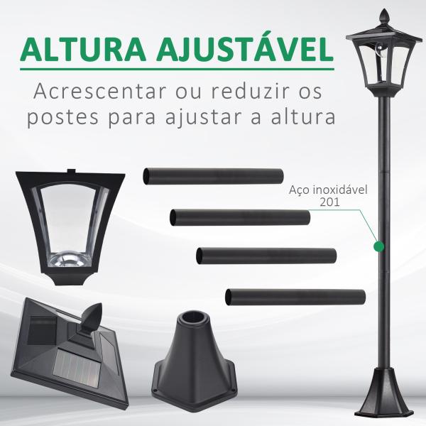 Candeeiro Solar para Jardim com Painel Solar Acendimento Automático e Estrutura de Aço Inoxidável 18x18x160 cm Preto