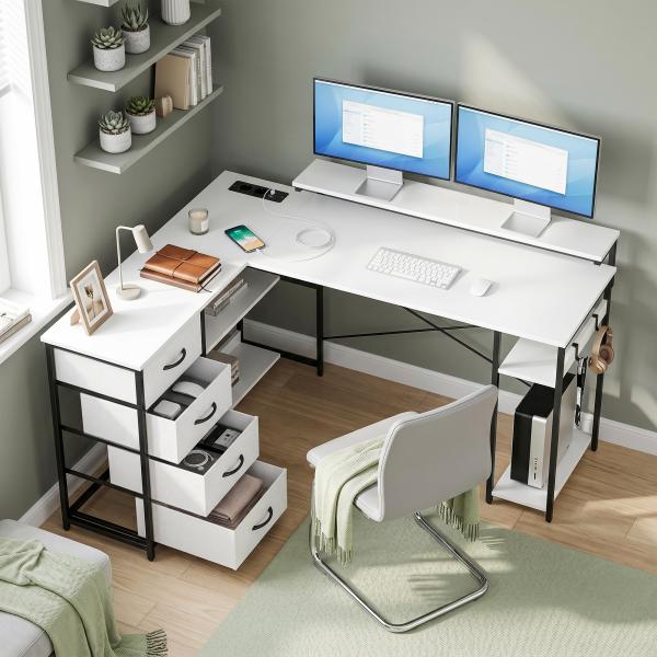 Mesa de Canto para Computador Amplo Espaço de Arrumação com 4 Gavetas 155x112x91,5 cm Branco