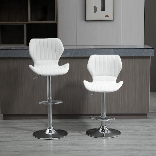 Conjunto de 2 Bancos de Bar Bancos Altos de Cozinha Giratório Altura Ajustável 91,5 - 113,5cm com Apoio para os Pés e Base de Metal Ø41 cm Branco