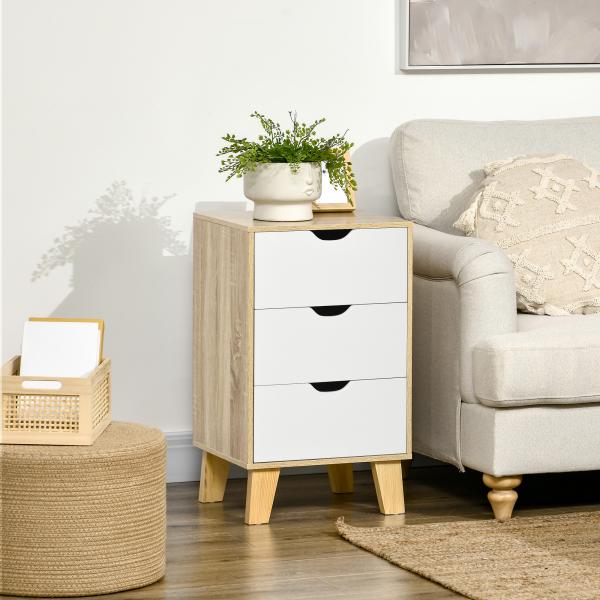 Mesa de Cabeceira com 3 Gavetas para Dormitório Sala de Estar Estilo Moderno Anti - Tombo 40x35x68,5cm Madeira e Branco