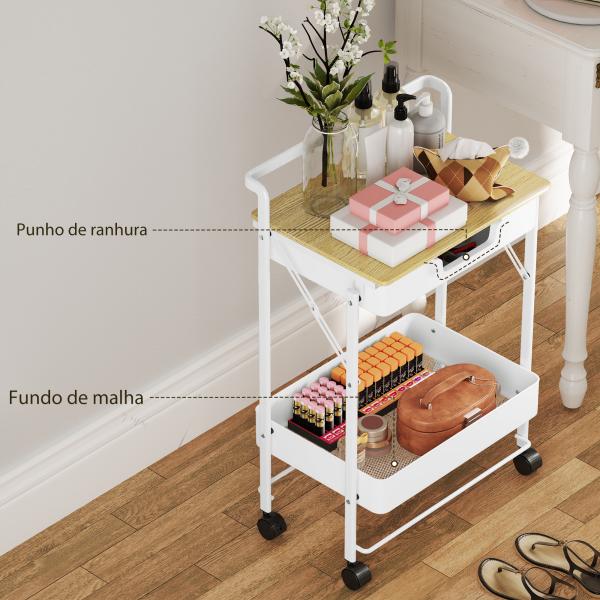 Carrinho Auxiliar com Rodas de 2 Níveis Carrinho de Cozinha com 1 Gaveta e 1 Cesto Carrinho Organizador 45x29,5x68 cm Branco