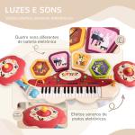 Piano Eletrónico para Crianças com 32 Teclas Microfone Banco Luzes 19 Músicas e Bateria 74x32,2x71 cm Multicor
