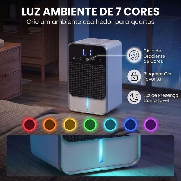 Desumidificador 0,4 L/Dia para 15 m² Depósito 1,2 L Luz RGB Temporizador 12 h Ecrã LED Preto