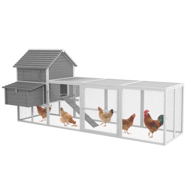 Galinheiro Grande de Madeira para 4 - 6 galinhas com Casa Principal Ninhos Área Aberta de 2,25 ㎡ 310,5x149,5x149 cm Cinza