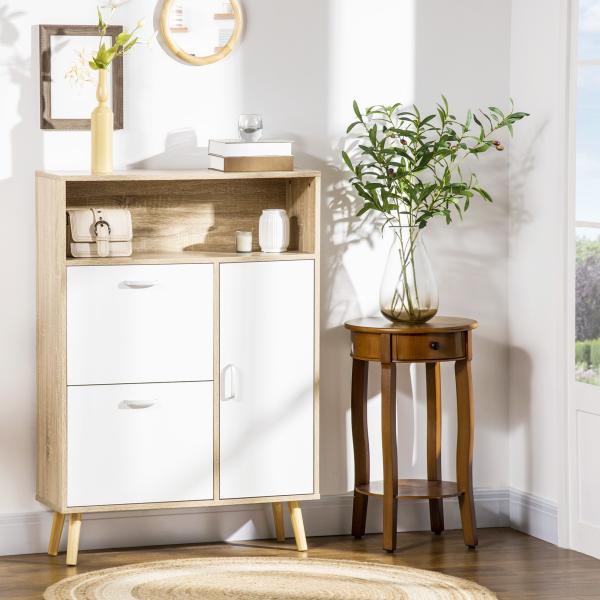 Sapateira para 8 Pares de Sapatos com 2 Gavetas Prateleira Aberta e Porta 80x25,5x112,5cm Madeira e Branco