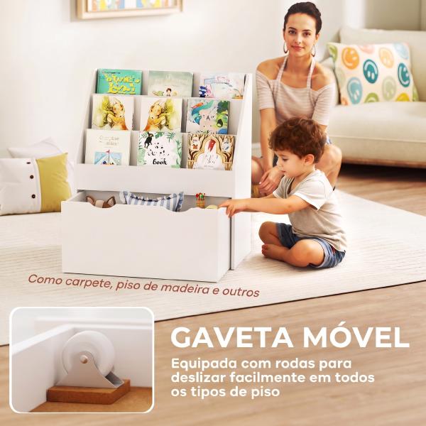 Estante de Brinquedos com 3 Compartimentos Gaveta com Rodas para Quarto Sala de Jogos 62,5x30x70 cm Branco
