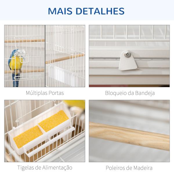 Gaiola para Pássaros com Rodas Bandeja Amovível 4 Portas Comedouros e Prateleira de Armazenamento 78x52x132cm Branco