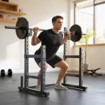 Suporte Ajustável para Barras de Pesas com Segurança Reforçada Carga até 300 kg Altura Regulável 48 - 135/45 - 85 cm Preto