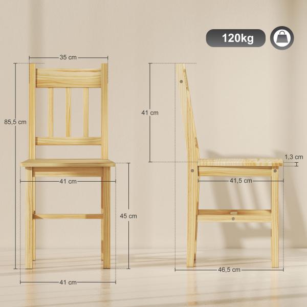 Conjunto de 2 Cadeiras de Sala de Jantar com Encosto de Ripas Estrutura de Madeira de Pinho 41x46,5x85,5 cm Madeira