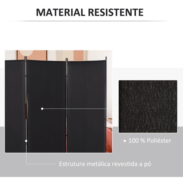 Biombo de 3 Paineis Separador de Ambientes Dobrável Biombo de Privacidade com 6 Pés de Metal 253x50x182 cm Preto