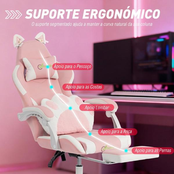 Cadeira Gaming com Orelhas de Gato, Encosto Reclinável 90 - 135°, Apoio para os Pés Retrátil, Almofada Lombar e Apoio de Cabeça - Rosa