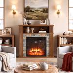 Lareira Elétrica Decorativa 1800W com Prateleira, Efeito Chama, 5 Níveis de Brilho, Termóstato, Temporizador e Comando, Castanha