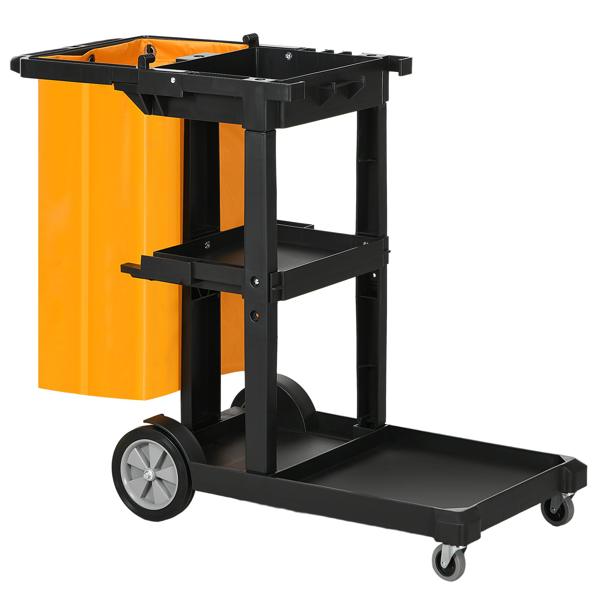 Carro de Limpeza com Bolsa Carrinho de Limpeza com Rodas e 3 Prateleiras 121x50,5x96,5 cm Preto e Amarelo