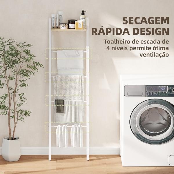 Toalheiro de Escada com Prateleira Superior e 4 Barras Suporte de Toalhas para Encostar na Parede 43x20x151 cm Branco e Carvalho