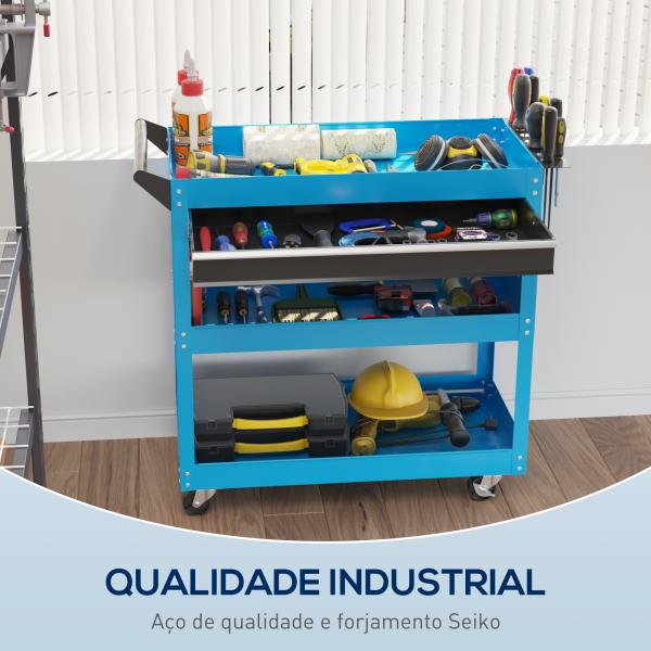 Carrinho de Ferramentas com 3 Bandejas e Gaveta Rodas com Travões Pega Lateral Painel Lateral Perfurado 82x35x76 cm Azul