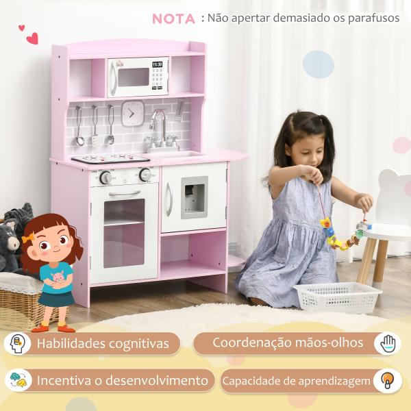 Cozinha Infantil para Crianças acima de 3 Anos Cozinha Infantil com Luzes Sons Lavatório Fogão e Forno 70x29x90cm Rosa
