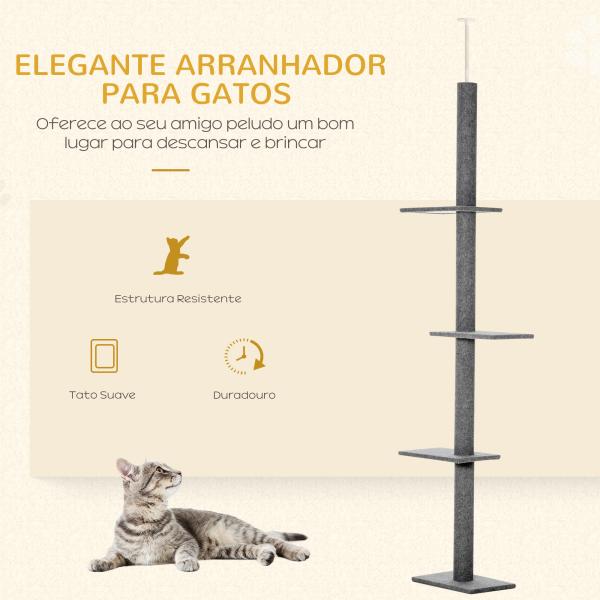 Arranhador para Gatos do Chão ao Teto com Altura Ajustável, 4 Plataformas e Poste 43x27x228 - 260 cm Cinzento