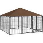 Parque para Cães com Toldo Canil para Exterior com Suporte Giratório para Comida 2 Tigelas 211x211x151 cm Preto Marrom