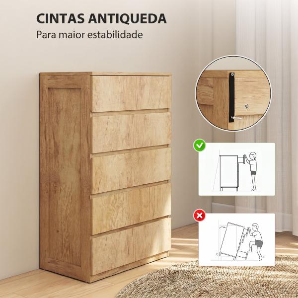 Cómoda de 5 Gavetas para Quarto Moderna Design sem Puxadores para Sala de Jantar Entrada 60x39x100 cm Madeira Natural
