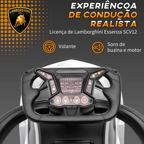 2 em 1 Carro Andador para Crianças 12 - 36 Meses Lamborghini Essenza SCV2 Carro Andador com Buzina Guiador e Grade de Segurança Removível 86,5x40x89,5cm Branco e Preto
