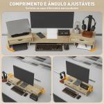 Suporte para Monitor com Ângulo e Comprimento Ajustável e 2 Gavetas para Escritório 60 - 116x22x12 cm Madeira