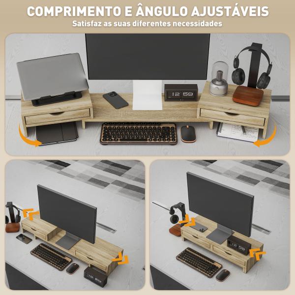 Suporte para Monitor com Ângulo e Comprimento Ajustável e 2 Gavetas para Escritório 60 - 116x22x12 cm Madeira