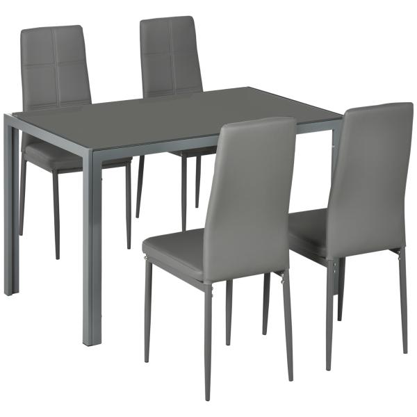 Conjunto de Sala de Jantar 5 Peças com Mesa Retangular de Vidro Temperado e 4 Cadeiras em PU Cinzento