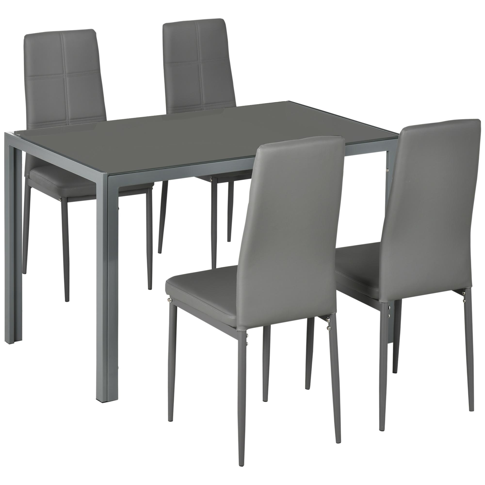 Conjunto de Sala de Jantar 5 Peças com Mesa Retangular de Vidro Temperado e 4 Cadeiras em PU Cinzento