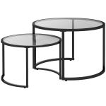 Conjunto de 2 Mesas de Apoio Redondas Bancada de Vidro Temperado e Estrutura de Aço Grande 70 cm Pequena 54 cm Preto e Transparente