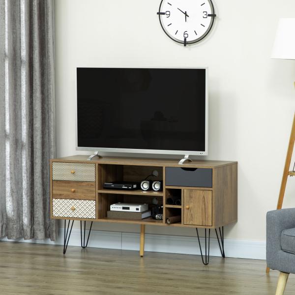 Móvel de TV com Prateleira de Armazenamento 4 Gavetas e Pés de Metal para Televisores de até 50 Polegadas 120x39x64cm Marrom